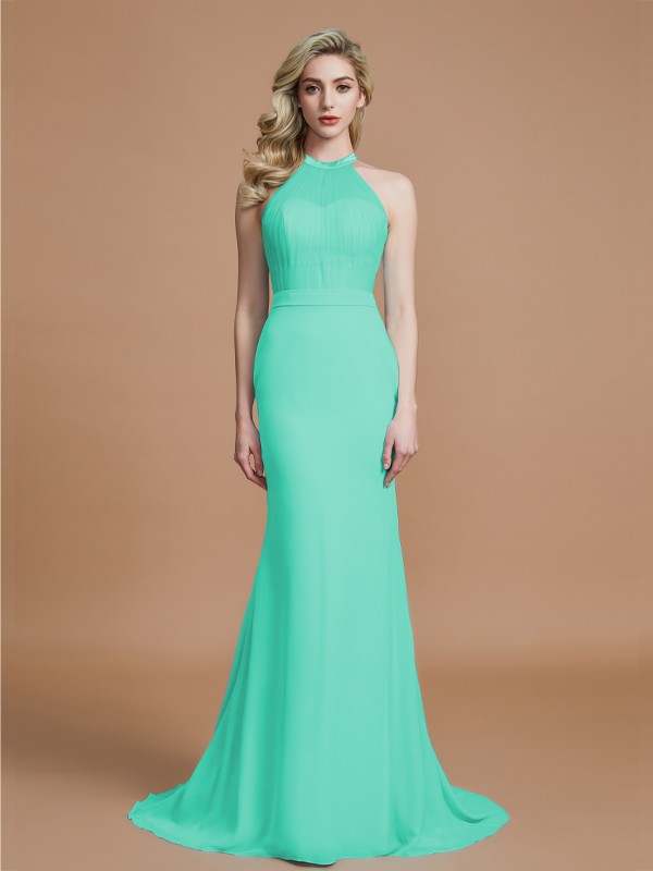 Trumpet/Mermaid Sleeveless Scoop Sweep/Brush Train Chiffon Bridesmaid Dresses 3274