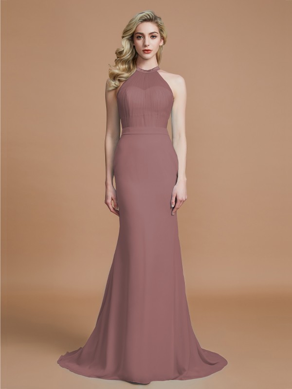 Trumpet/Mermaid Sleeveless Scoop Sweep/Brush Train Chiffon Bridesmaid Dresses 3274