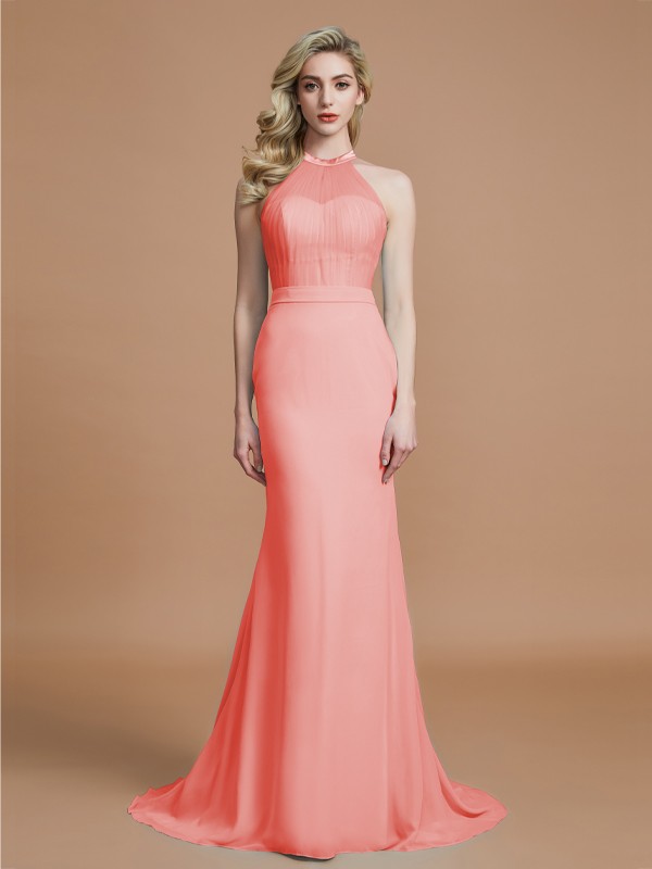 Trumpet/Mermaid Sleeveless Scoop Sweep/Brush Train Chiffon Bridesmaid Dresses 3274