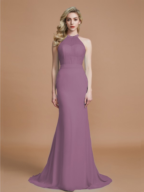 Trumpet/Mermaid Sleeveless Scoop Sweep/Brush Train Chiffon Bridesmaid Dresses 3274