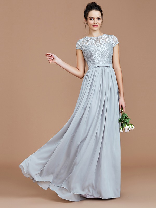 A-Line/Princess Jewel Short Sleeves Lace Floor-Length Chiffon Bridesmaid Dresses 2338