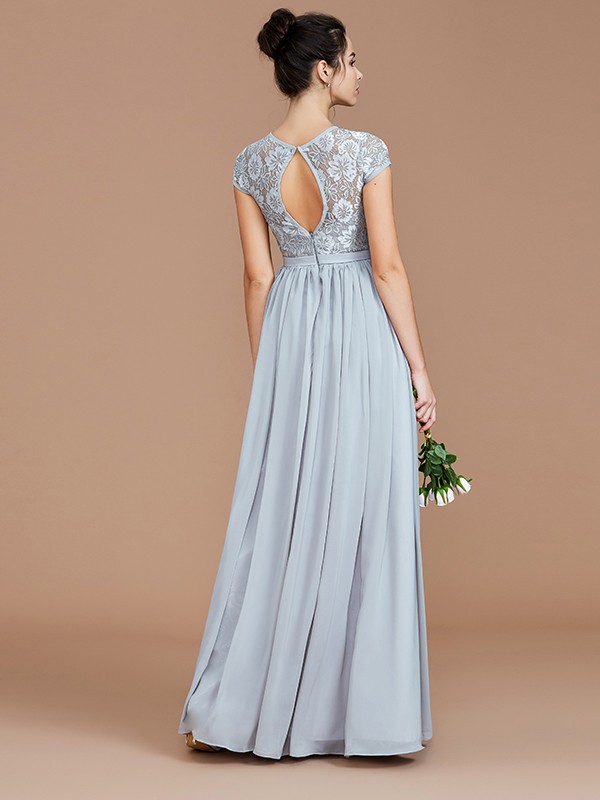 A-Line/Princess Jewel Short Sleeves Lace Floor-Length Chiffon Bridesmaid Dresses 2338