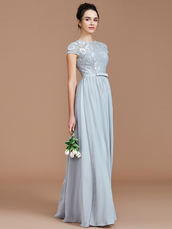 A-Line/Princess Jewel Short Sleeves Lace Floor-Length Chiffon Bridesmaid Dresses 2338