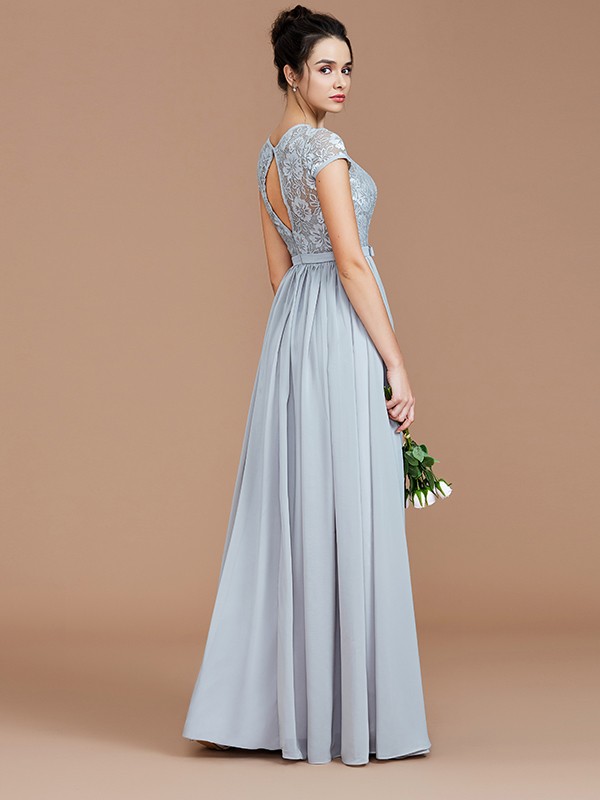 A-Line/Princess Jewel Short Sleeves Lace Floor-Length Chiffon Bridesmaid Dresses 2338