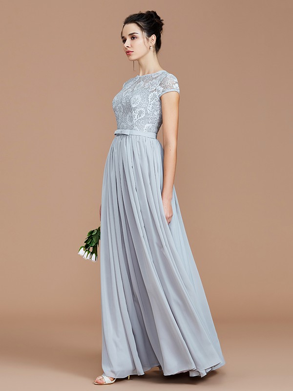 A-Line/Princess Jewel Short Sleeves Lace Floor-Length Chiffon Bridesmaid Dresses 2338