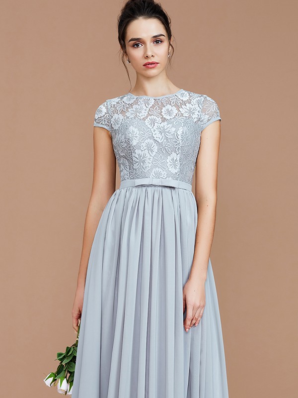 A-Line/Princess Jewel Short Sleeves Lace Floor-Length Chiffon Bridesmaid Dresses 2338