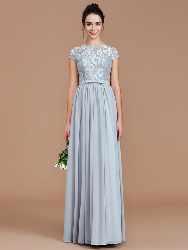 A-Line/Princess Jewel Short Sleeves Lace Floor-Length Chiffon Bridesmaid Dresses 2338