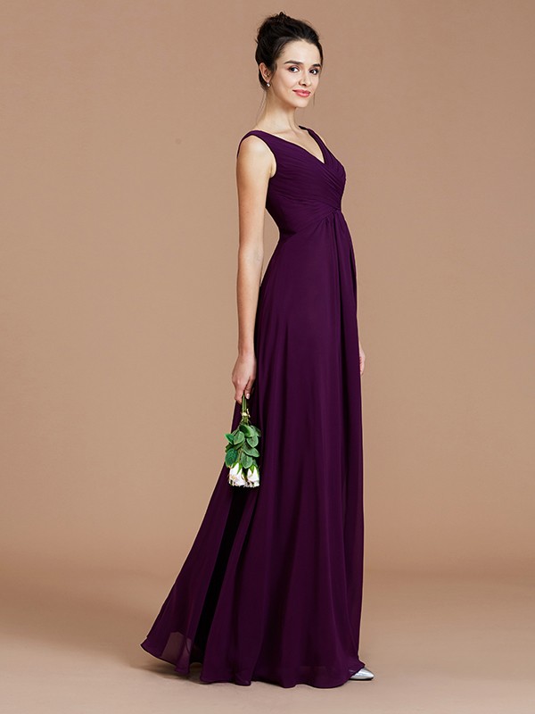 A-Line/Princess V-neck Sleeveless Ruched Floor-Length Chiffon Bridesmaid Dresses 2851