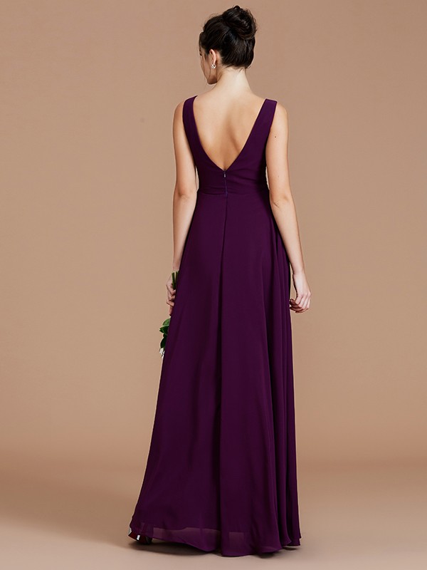 A-Line/Princess V-neck Sleeveless Ruched Floor-Length Chiffon Bridesmaid Dresses 2851