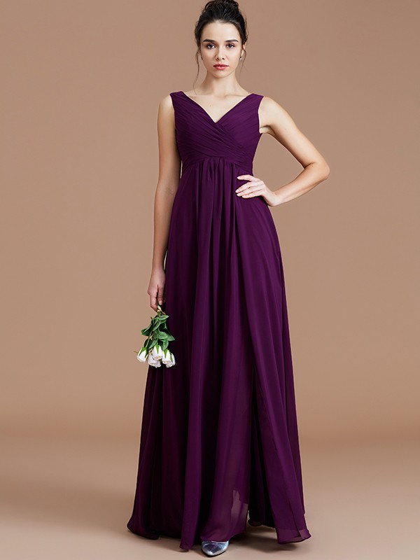 A-Line/Princess V-neck Sleeveless Ruched Floor-Length Chiffon Bridesmaid Dresses 2851