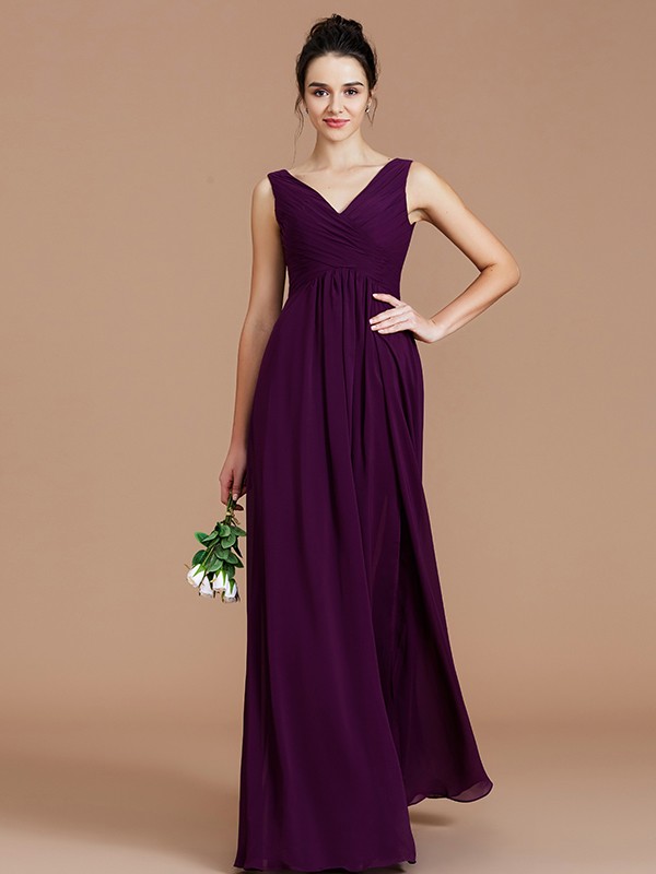 A-Line/Princess V-neck Sleeveless Ruched Floor-Length Chiffon Bridesmaid Dresses 2851