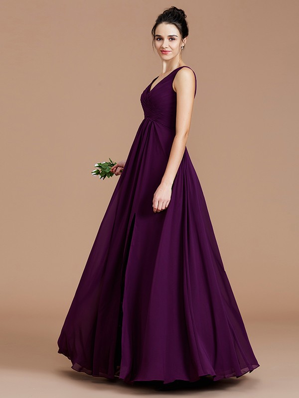 A-Line/Princess V-neck Sleeveless Ruched Floor-Length Chiffon Bridesmaid Dresses 2851