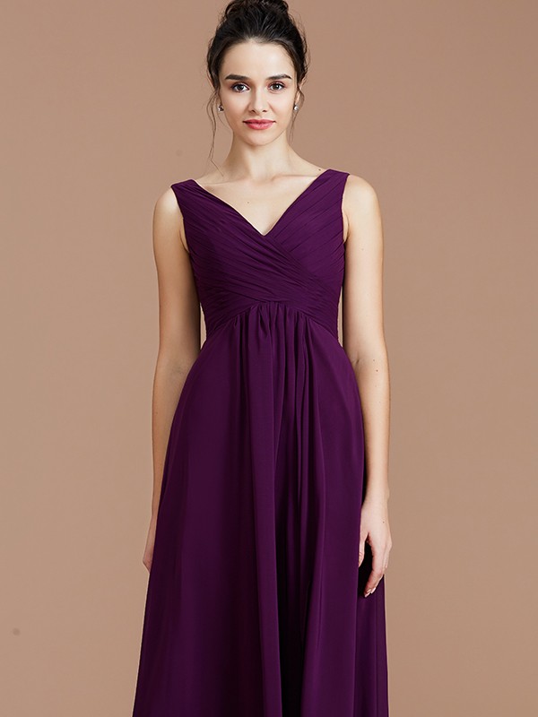 A-Line/Princess V-neck Sleeveless Ruched Floor-Length Chiffon Bridesmaid Dresses 2851