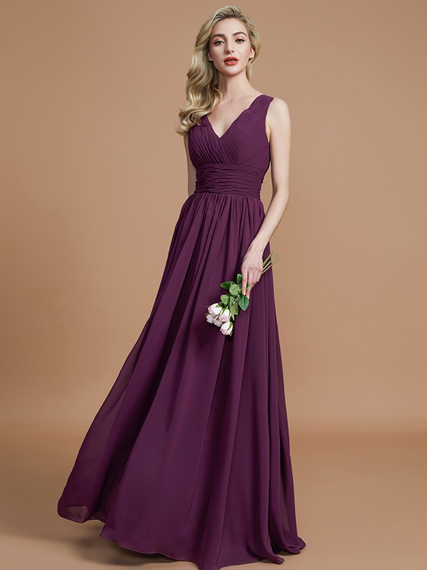 A-Line/Princess Sleeveless V-neck Floor-Length Chiffon Bridesmaid Dresses 2534