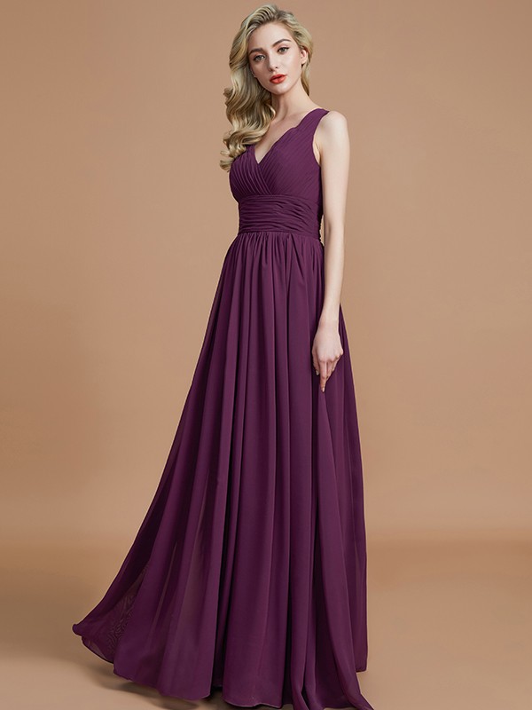 A-Line/Princess Sleeveless V-neck Floor-Length Chiffon Bridesmaid Dresses 2534