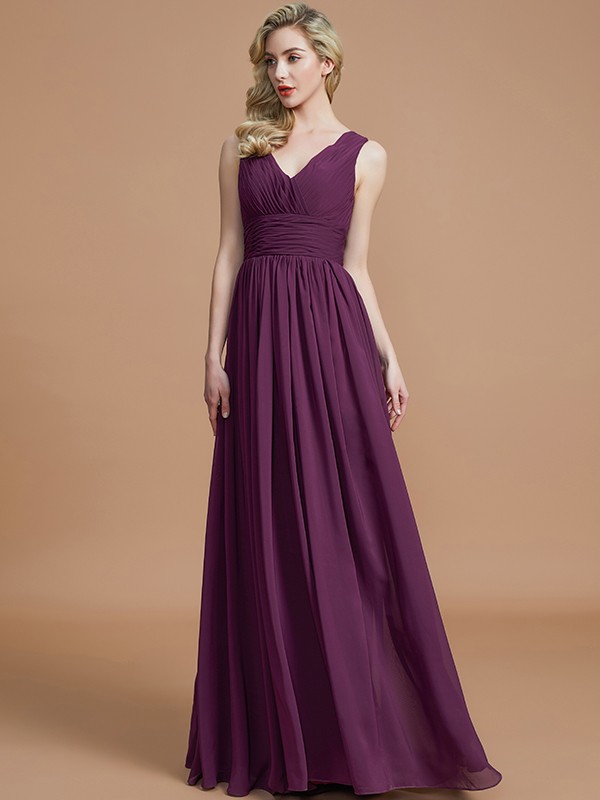 A-Line/Princess Sleeveless V-neck Floor-Length Chiffon Bridesmaid Dresses 2534