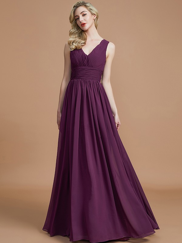 A-Line/Princess Sleeveless V-neck Floor-Length Chiffon Bridesmaid Dresses 2534