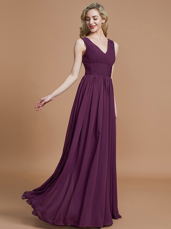 A-Line/Princess Sleeveless V-neck Floor-Length Chiffon Bridesmaid Dresses 2534