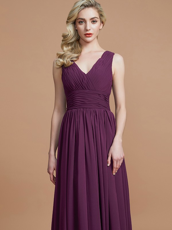 A-Line/Princess Sleeveless V-neck Floor-Length Chiffon Bridesmaid Dresses 2534