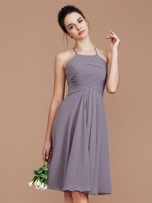 A-Line/Princess Halter Sleeveless Ruched Short/Mini Chiffon Bridesmaid Dresses 2305