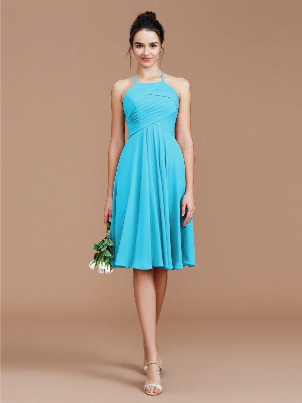 A-Line/Princess Halter Sleeveless Ruched Short/Mini Chiffon Bridesmaid Dresses 2305