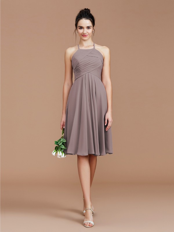 A-Line/Princess Halter Sleeveless Ruched Short/Mini Chiffon Bridesmaid Dresses 2305