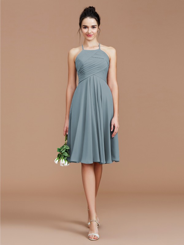 A-Line/Princess Halter Sleeveless Ruched Short/Mini Chiffon Bridesmaid Dresses 2305