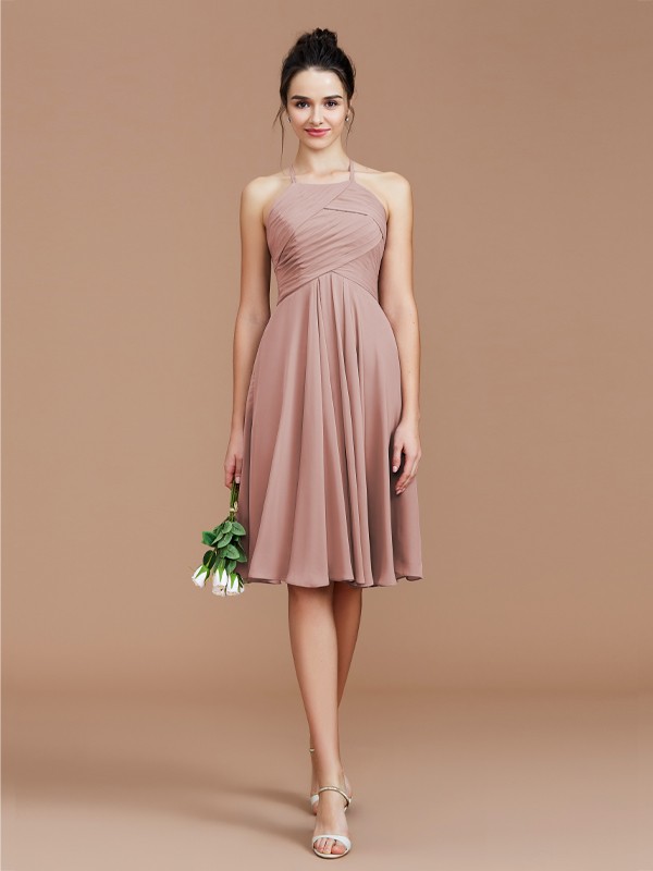 A-Line/Princess Halter Sleeveless Ruched Short/Mini Chiffon Bridesmaid Dresses 2305