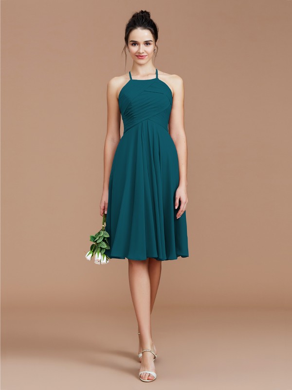 A-Line/Princess Halter Sleeveless Ruched Short/Mini Chiffon Bridesmaid Dresses 2305