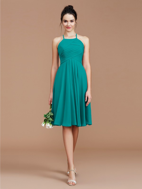 A-Line/Princess Halter Sleeveless Ruched Short/Mini Chiffon Bridesmaid Dresses 2305