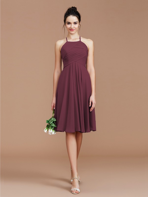 A-Line/Princess Halter Sleeveless Ruched Short/Mini Chiffon Bridesmaid Dresses 2305