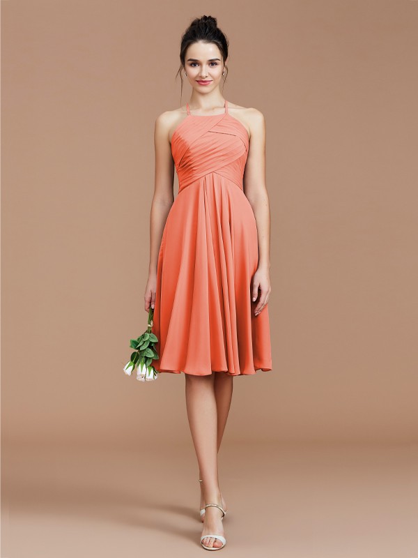 A-Line/Princess Halter Sleeveless Ruched Short/Mini Chiffon Bridesmaid Dresses 2305