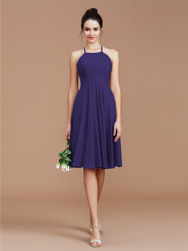 A-Line/Princess Halter Sleeveless Ruched Short/Mini Chiffon Bridesmaid Dresses 2305