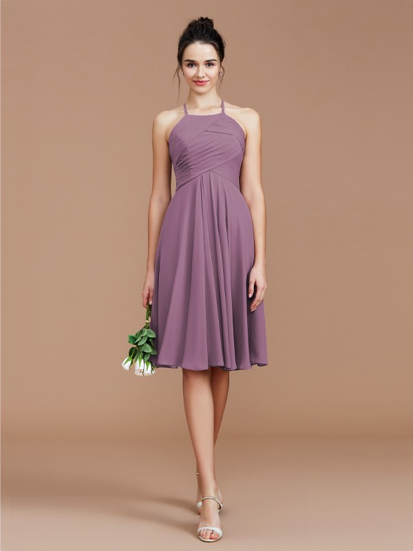 A-Line/Princess Halter Sleeveless Ruched Short/Mini Chiffon Bridesmaid Dresses 2305