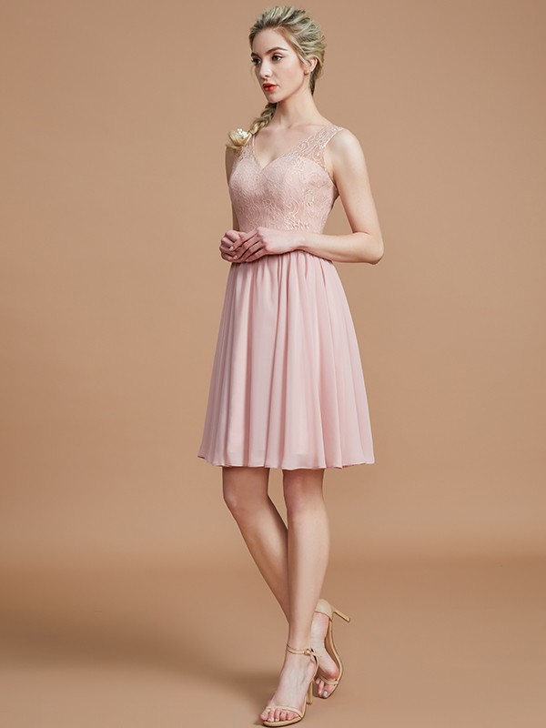 A-Line/Princess V-neck Sleeveless Lace Short/Mini Chiffon Bridesmaid Dresses 2839