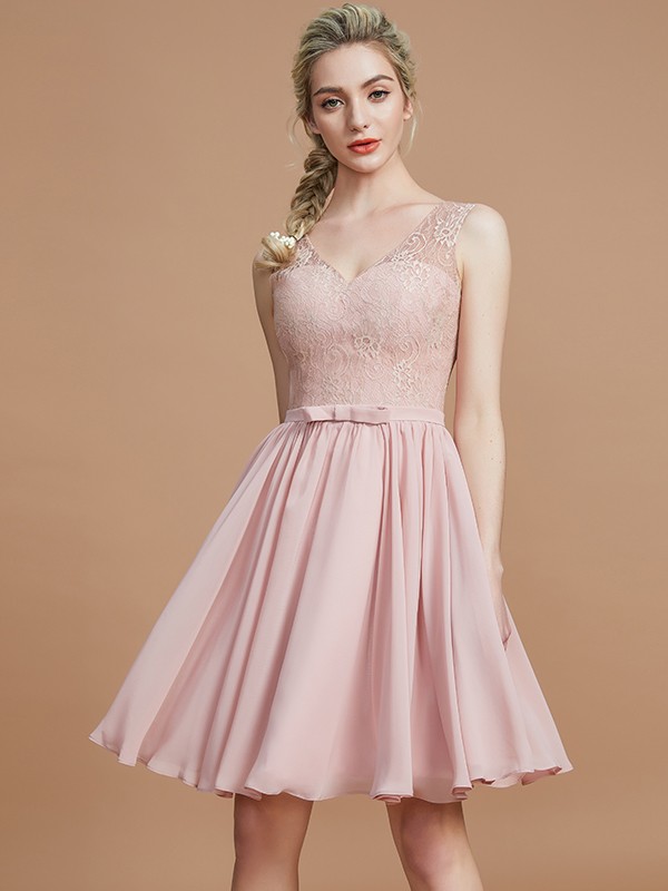 A-Line/Princess V-neck Sleeveless Lace Short/Mini Chiffon Bridesmaid Dresses 2839