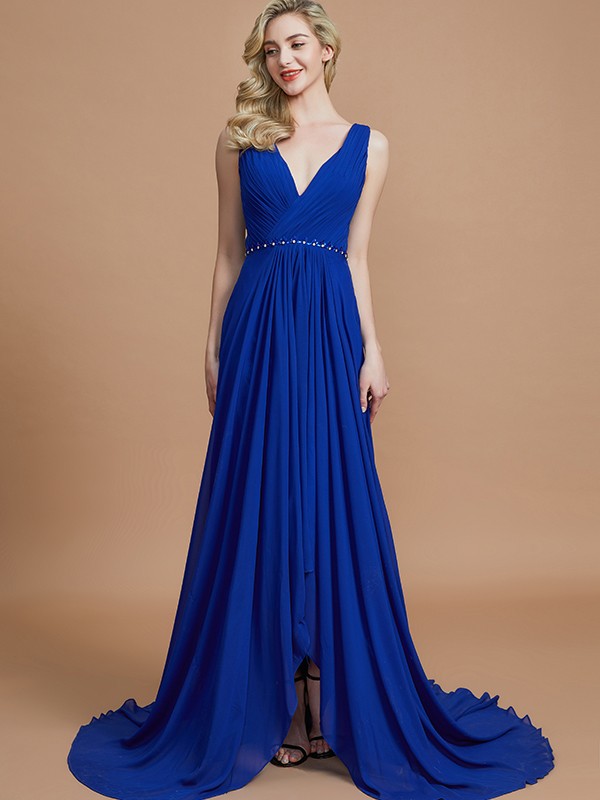 A-Line/Princess Sleeveless V-neck Chiffon Sweep/Brush Train Bridesmaid Dresses 2533