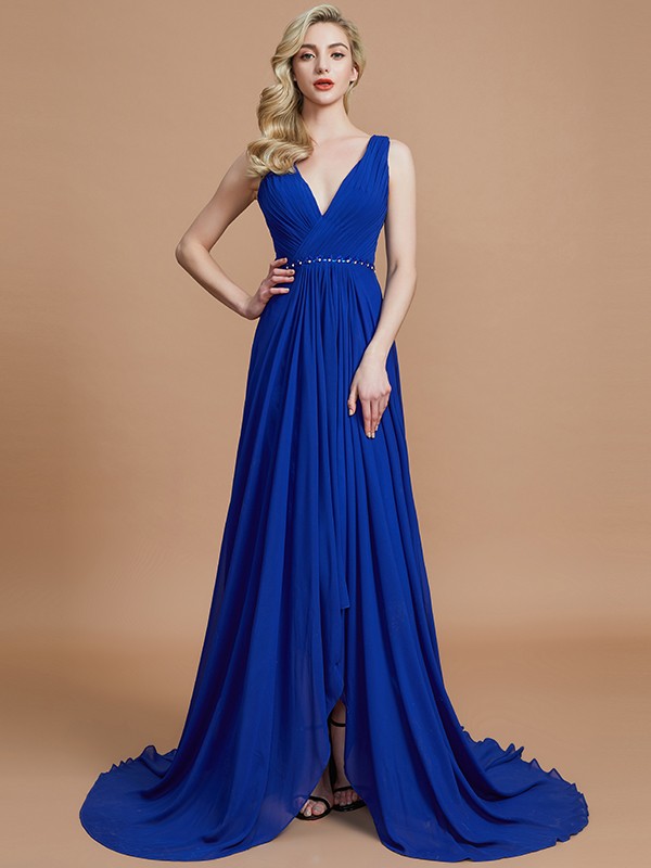 A-Line/Princess Sleeveless V-neck Chiffon Sweep/Brush Train Bridesmaid Dresses 2533