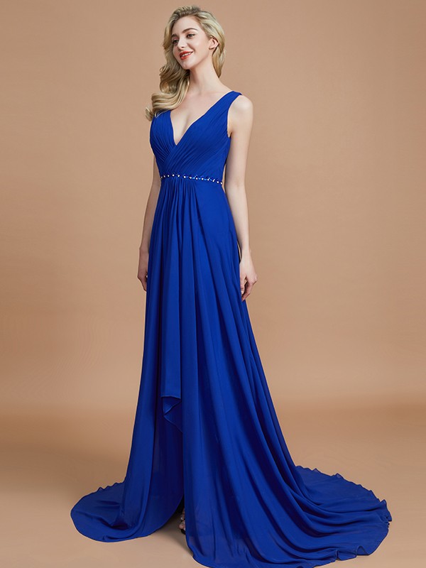 A-Line/Princess Sleeveless V-neck Chiffon Sweep/Brush Train Bridesmaid Dresses 2533