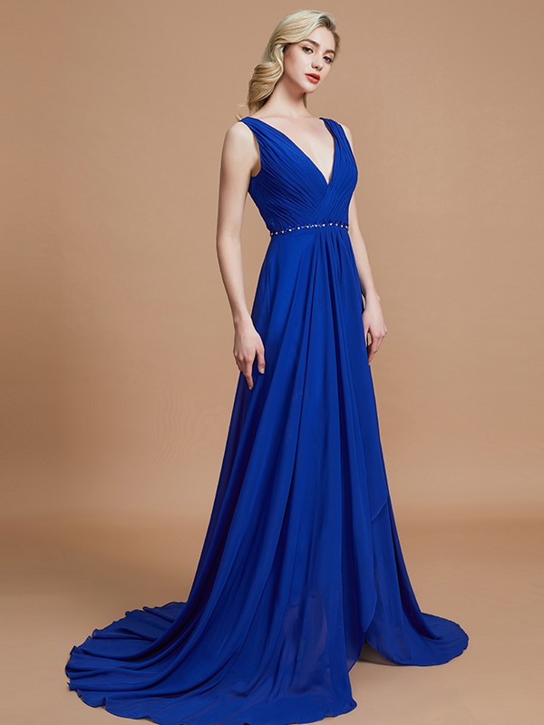 A-Line/Princess Sleeveless V-neck Chiffon Sweep/Brush Train Bridesmaid Dresses 2533