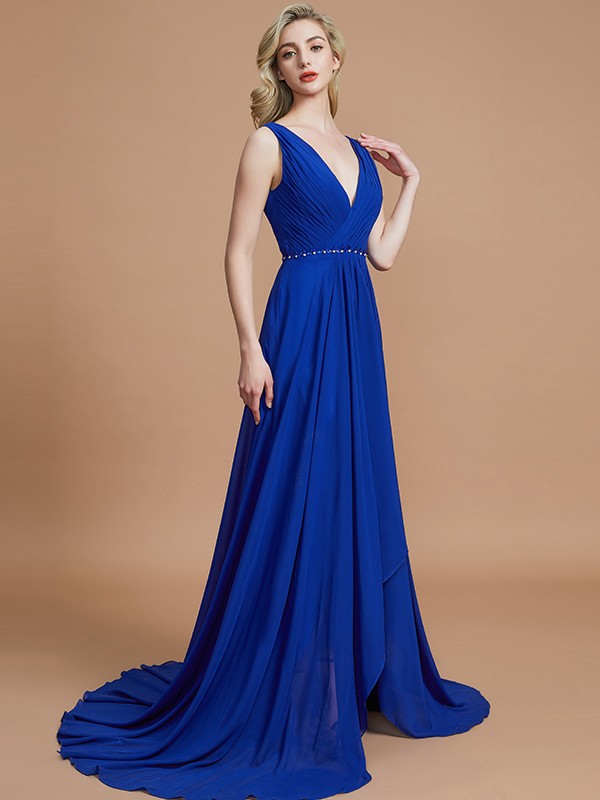 A-Line/Princess Sleeveless V-neck Chiffon Sweep/Brush Train Bridesmaid Dresses 2533