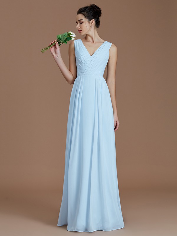 A-Line/Princess V-neck Sleeveless Ruched Floor-Length Chiffon Bridesmaid Dresses 2852