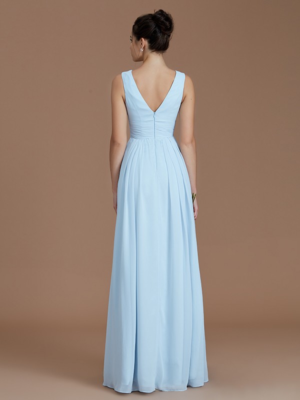 A-Line/Princess V-neck Sleeveless Ruched Floor-Length Chiffon Bridesmaid Dresses 2852