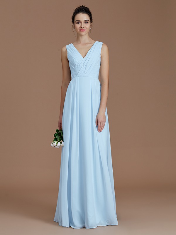 A-Line/Princess V-neck Sleeveless Ruched Floor-Length Chiffon Bridesmaid Dresses 2852