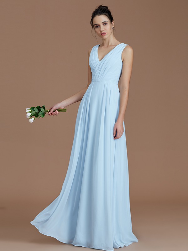 A-Line/Princess V-neck Sleeveless Ruched Floor-Length Chiffon Bridesmaid Dresses 2852