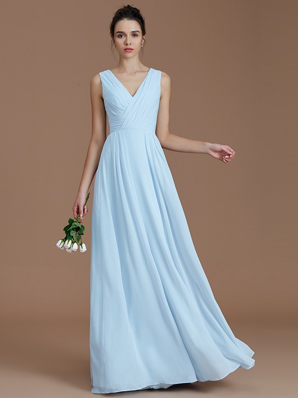 A-Line/Princess V-neck Sleeveless Ruched Floor-Length Chiffon Bridesmaid Dresses 2852