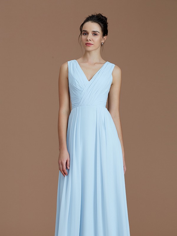 A-Line/Princess V-neck Sleeveless Ruched Floor-Length Chiffon Bridesmaid Dresses 2852