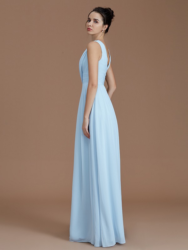 A-Line/Princess V-neck Sleeveless Ruched Floor-Length Chiffon Bridesmaid Dresses 2852