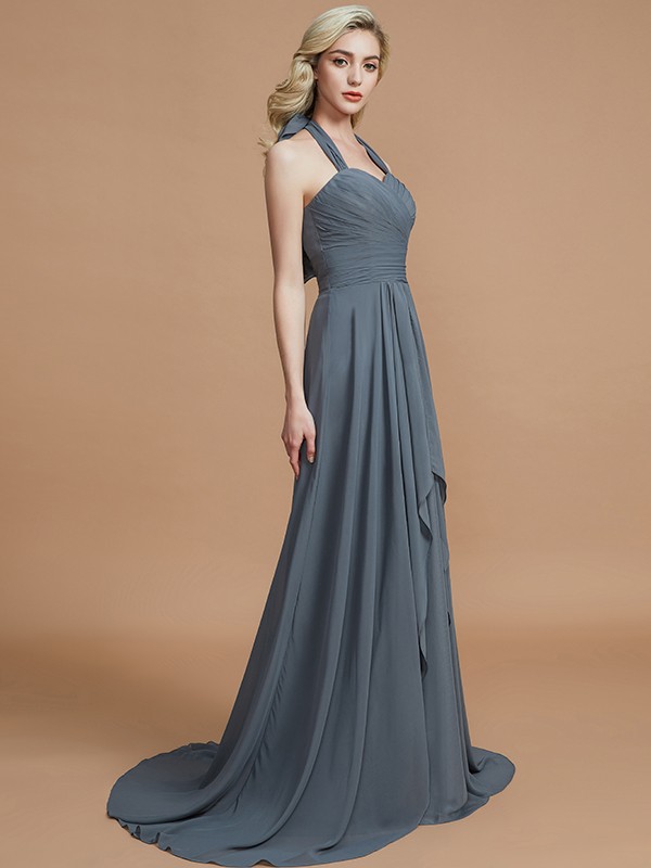 A-Line/Princess Halter Sleeveless Chiffon Sweep/Brush Train Bridesmaid Dresses 2282