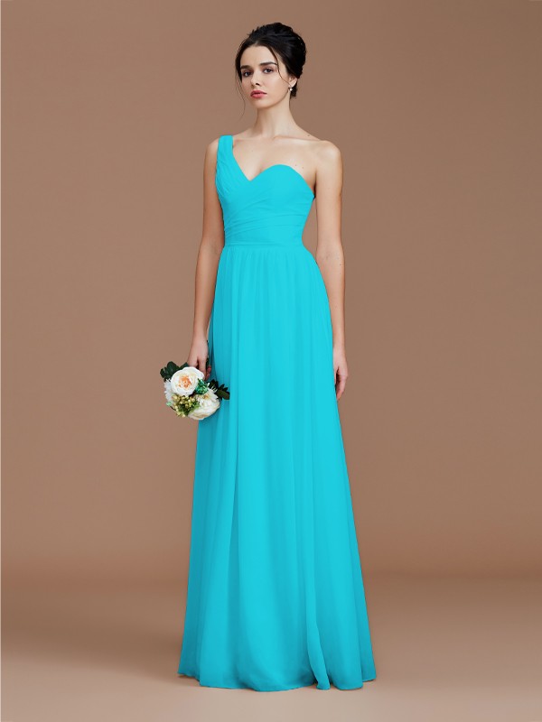 A-Line/Princess One-Shoulder Sleeveless Ruched Floor-Length Chiffon Bridesmaid Dresses 2414